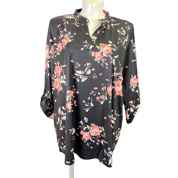 Haute Edition Womens Tunic Blouse Top Floral Print Pullover Black Pink 3X - Picture 2 of 10
